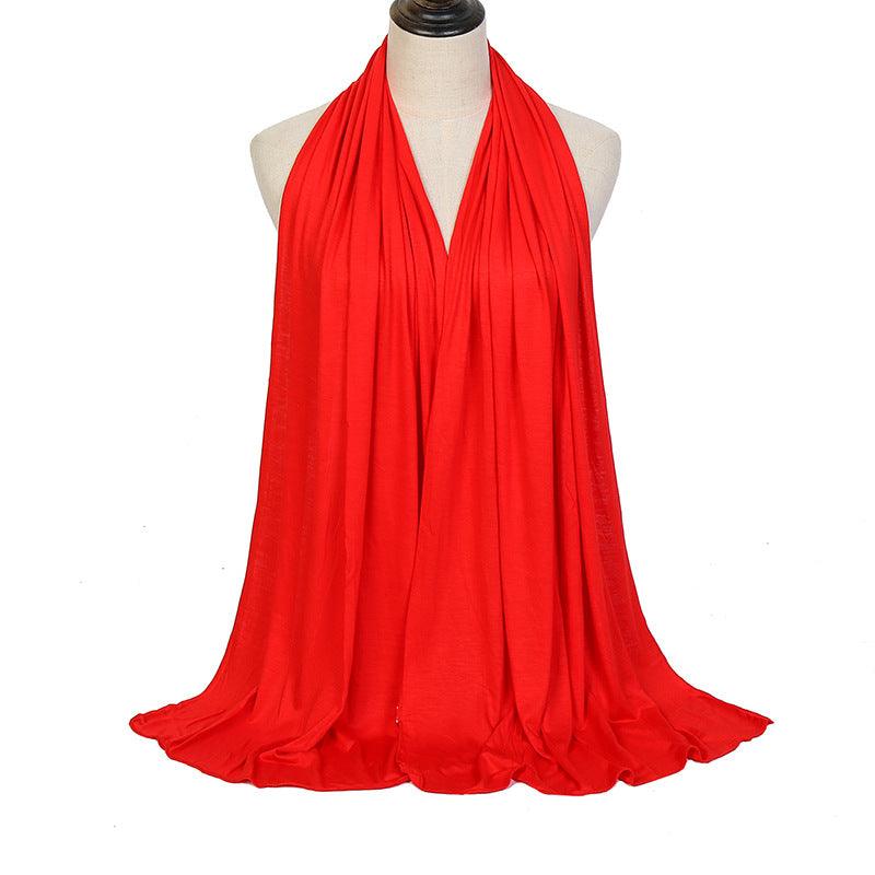Red ladies mercerized cotton headscarf with pleated drape and soft fringe hem