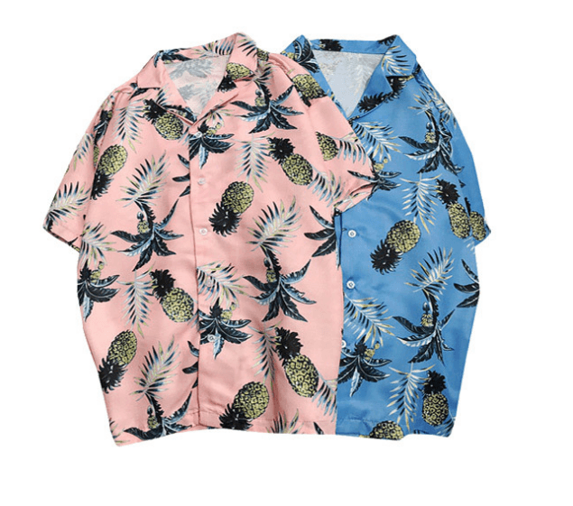 Men's tropical print short-sleeve button-up shirt, pink and blue with pineapple patterns
