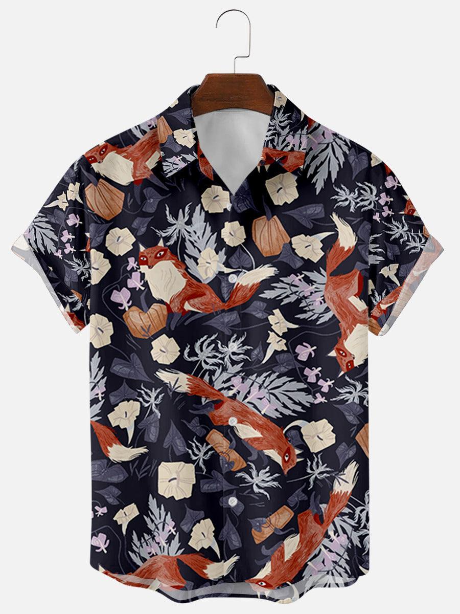 Men's short-sleeve button-up shirt in dark navy with fox and leaf print.