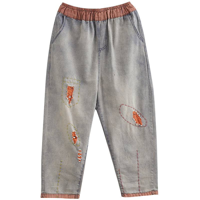 Contrasting Hole Denim Harem Pants Women - WOMONA.COM