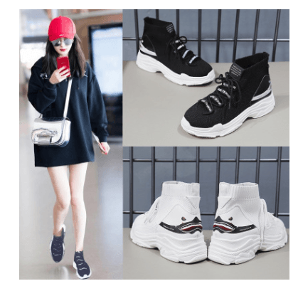 Black and white lace-up high-top sneakers with chunky sole and logo stripe