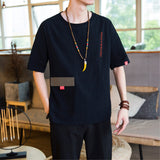 Linen crew neck patch pocket T-shirt men - WOMONA.COM