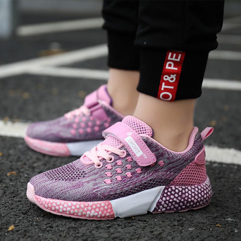 Women's knit sneakers, rose pink and purple with hook-and-loop strap and white sole