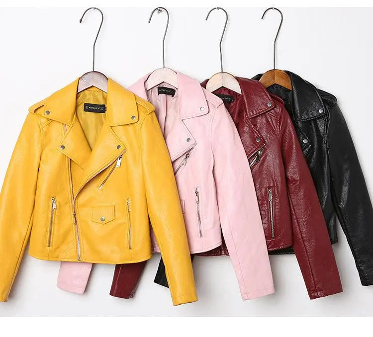 Set of slim-fit washed leather jackets on hangers: yellow, pink, burgundy, and black.