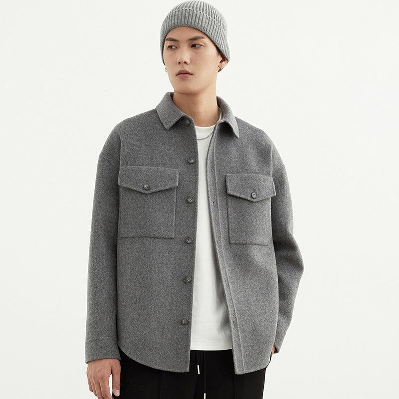 Double-sided shirt coat, dark grey wool blend with snap buttons and two chest flap pockets
