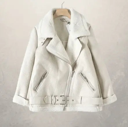 Women's white leather jacket with folded collar, zip pockets, and belted hem