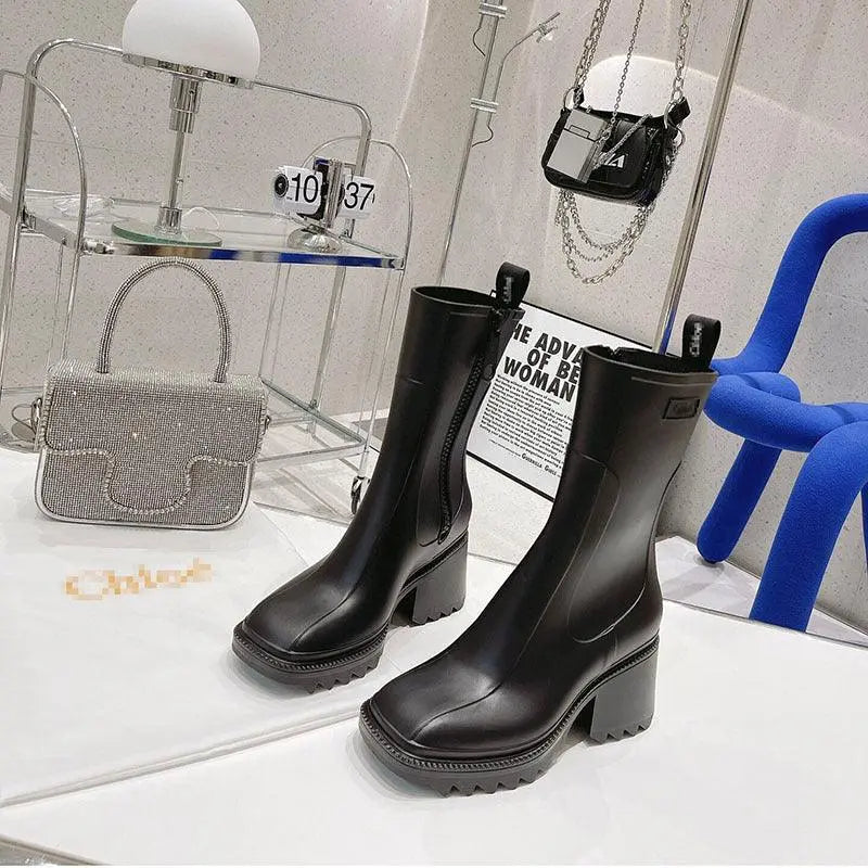 Black mid-tube rain boots with thick lug sole and side zipper