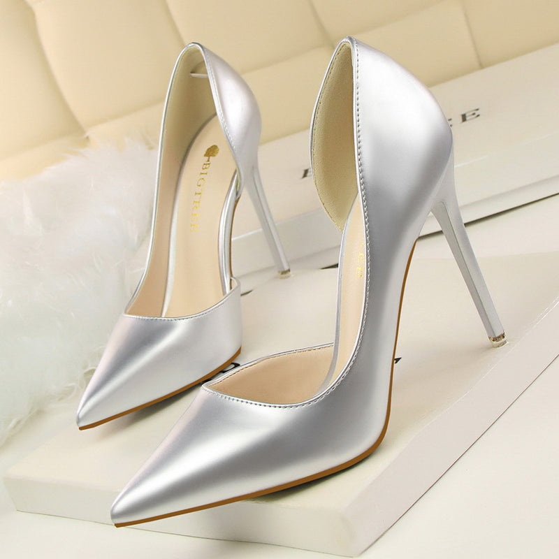 leather shallow pointed high heels - WOMONA.COM