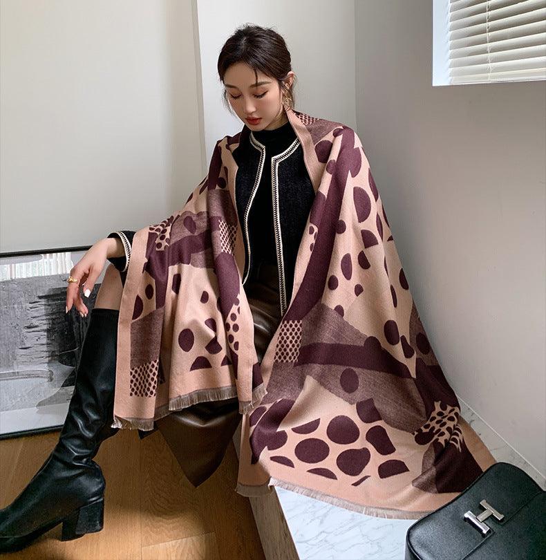 Warm long shawl scarf in mauve and tan with large animal-print spots
