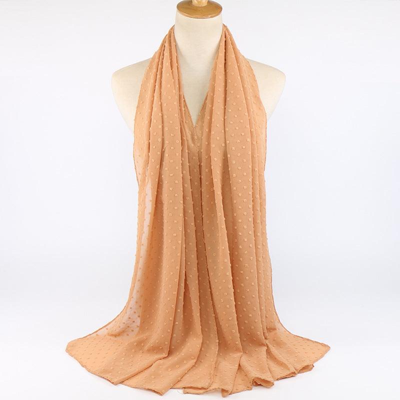 Chiffon folk ball scarf in camel brown with small dotted pattern, draped long