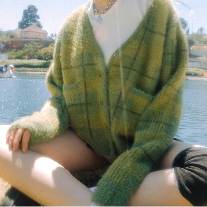 vintage velvet plaid sweater cardigan - WOMONA.COM