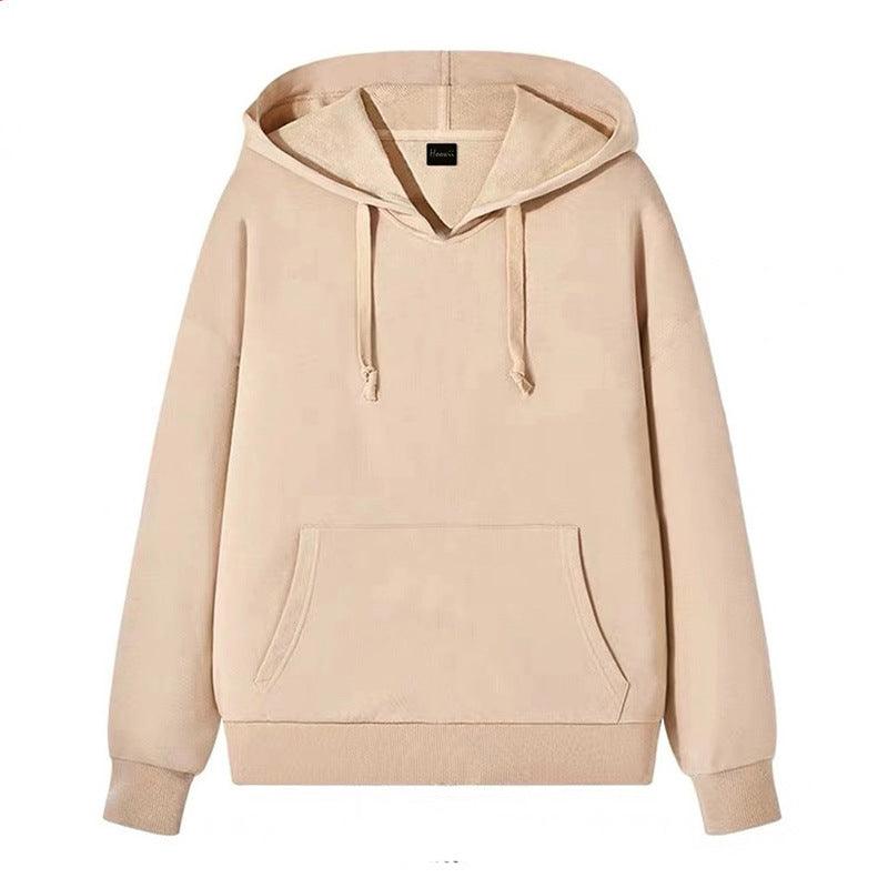 Men's hooded sweater in khaki/beige with drawstring hood and front pouch pocket