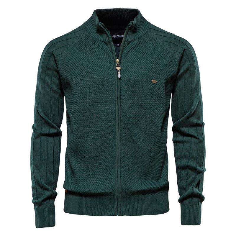 Green zip-up knit sweater with stand collar and diamond pattern