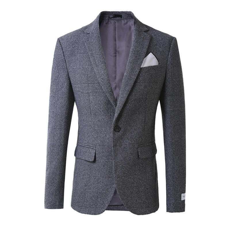 Men's light grey check blazer jacket, single-breasted with notch lapel and front pockets