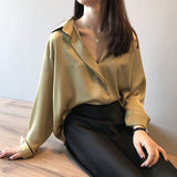 Silk satin v-neck chiffon shirt - WOMONA.COM