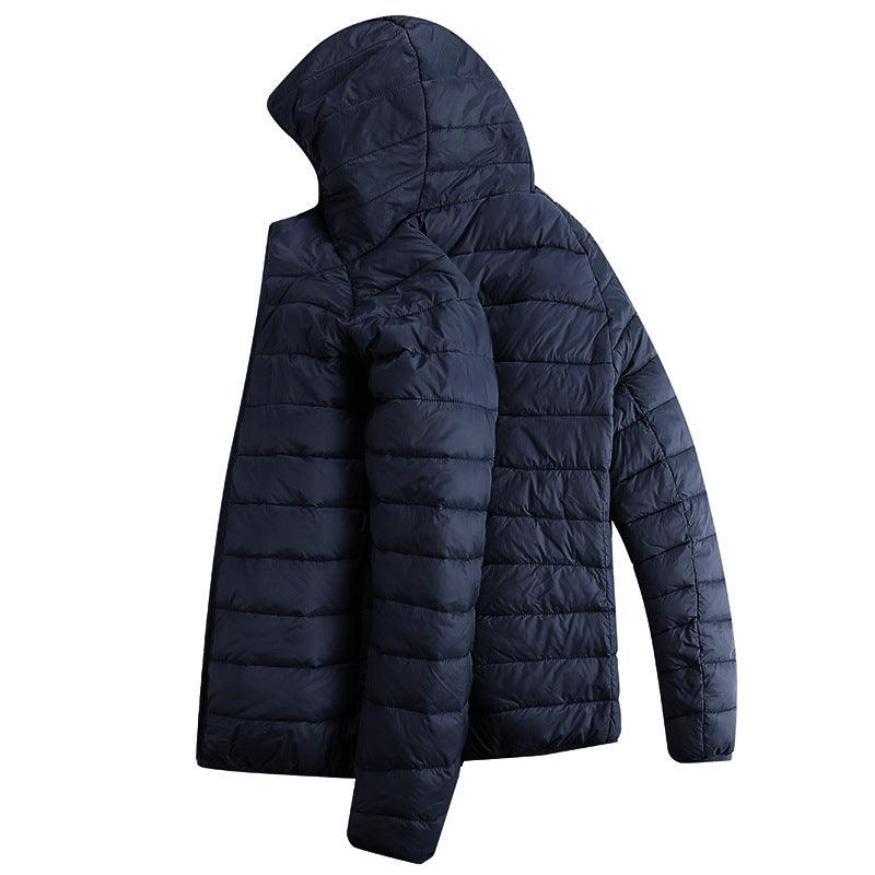Navy blue hooded down puffer jacket, quilted panels, zip front