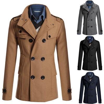 Wool trench coat for men, khaki, double-breasted with buttons and shoulder epaulets