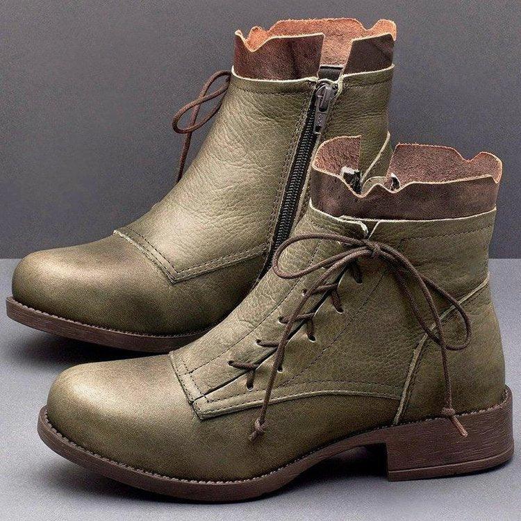 Lace-up low-heel ankle boots in olive green with side zipper and lace-up front