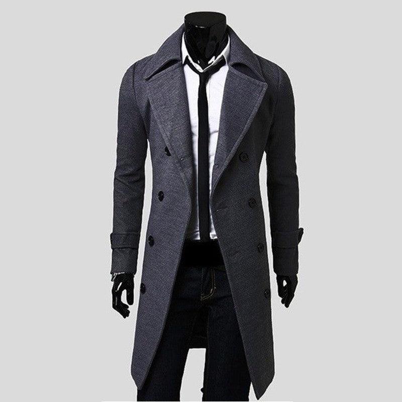 Blue-gray trench coat with notched lapels, double-breasted buttons, and long hem.