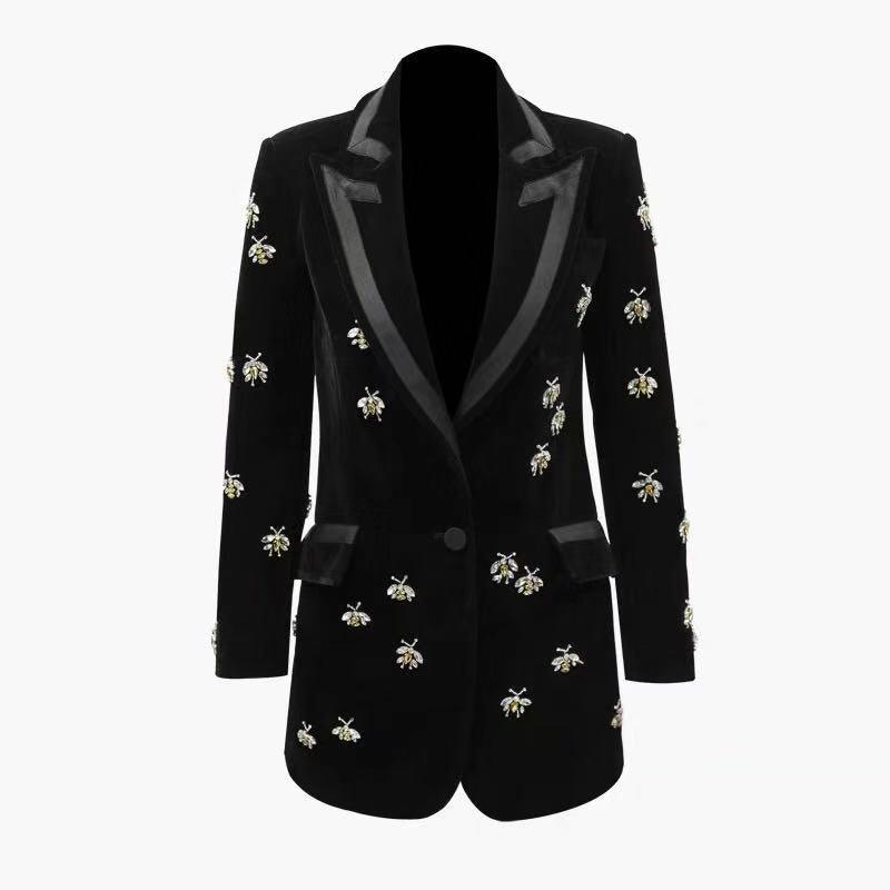 Black velvet blazer for men with contrasting lapels and bee-style embellishment
