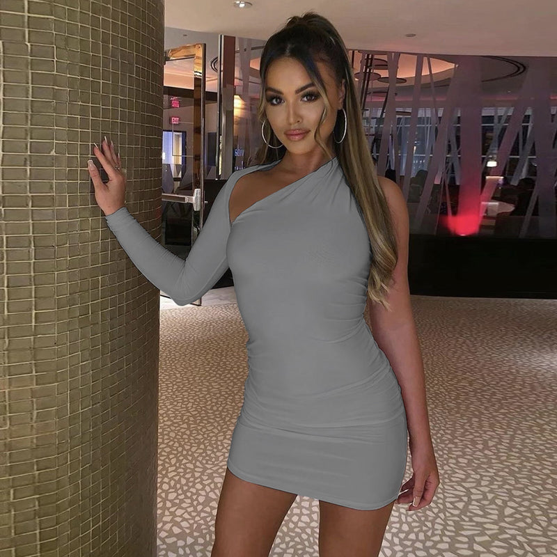 One Shoulder Long Sleeve Dress Women - WOMONA.COM