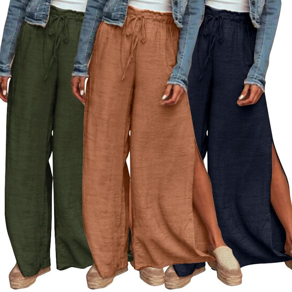 Cotton and linen loose plus size wide leg pants - WOMONA.COM