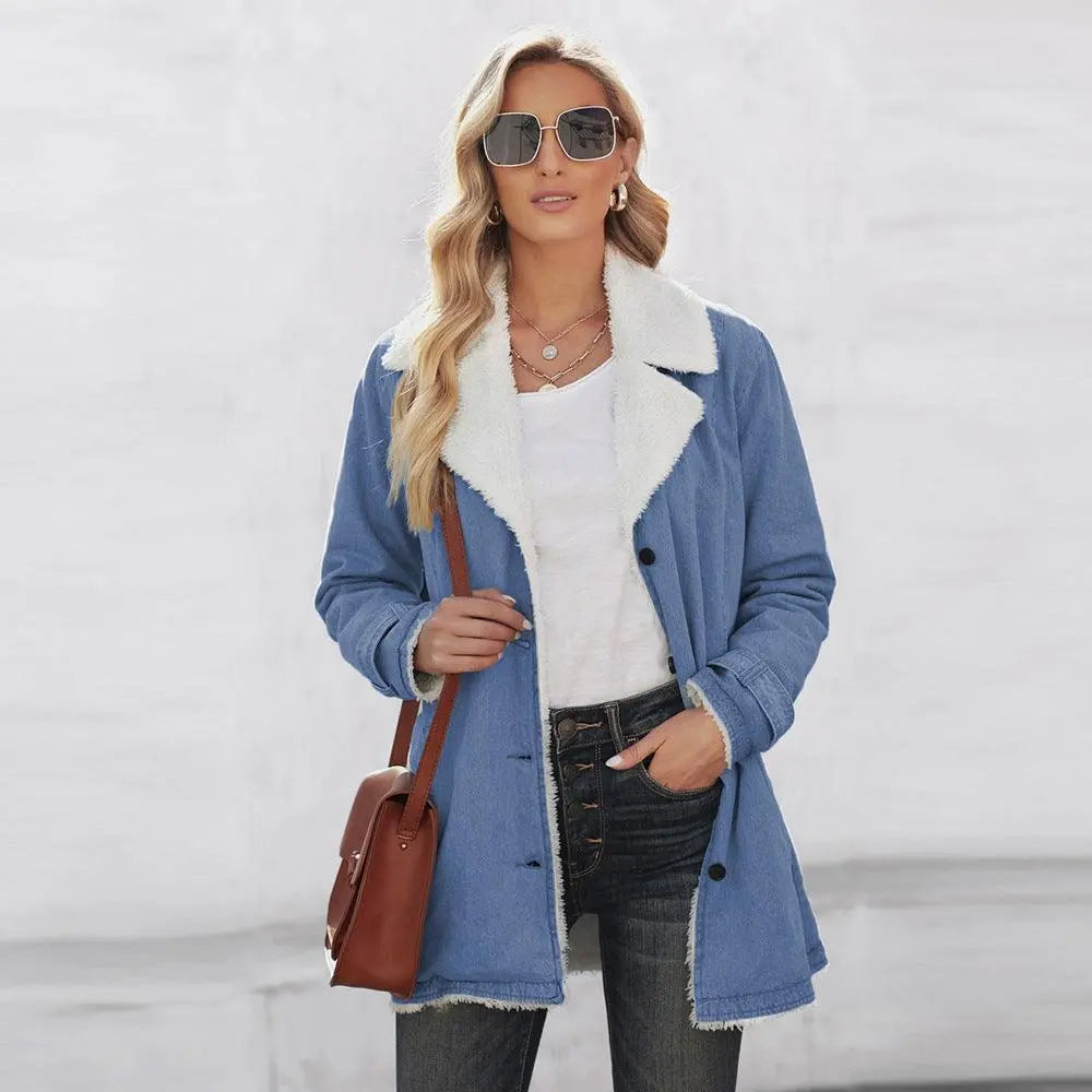 Blue coat with white sherpa collar and trim, button front, long sleeves, plus size