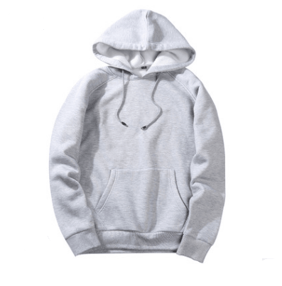Light gray hoodie with pullover hood and front kangaroo pocket, drawstring cords.