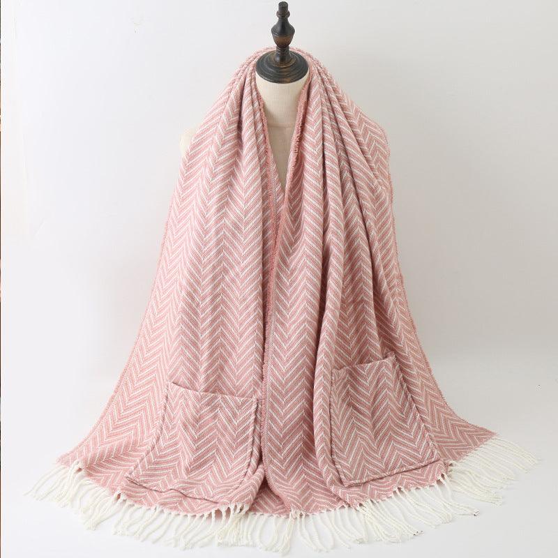 Women's pocket shawl, pink chevron knit with front pocket and fringe trim