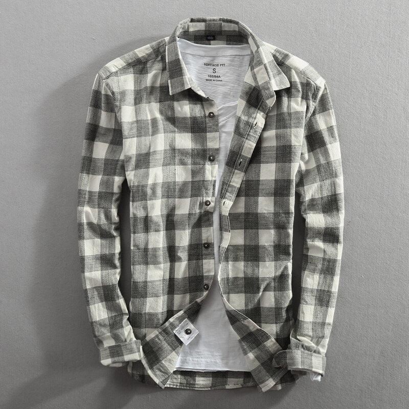 Men's washed cotton button-up shirt, light grey and dark grey check plaid, long sleeves