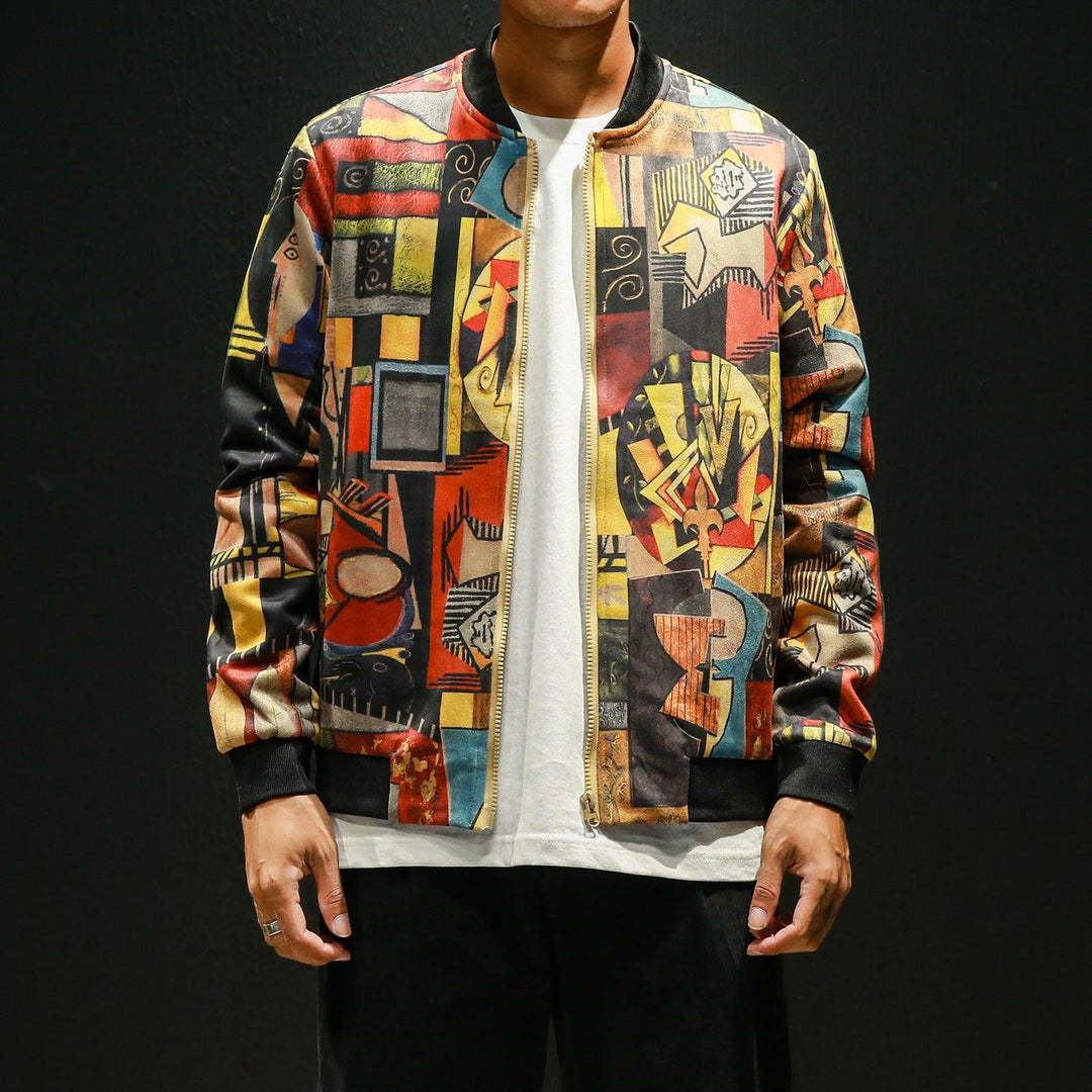 Men's digital print zip jacket with colorful abstract patchwork, black cuffs and hem