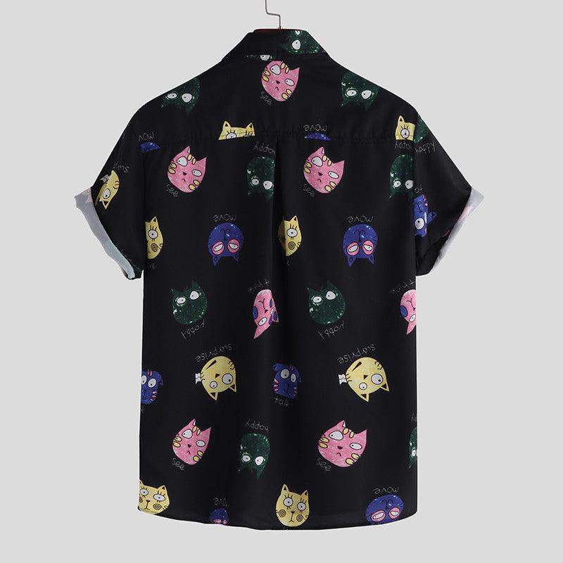 Men's slim-fit black printed shirt back view with repeating cat faces, short sleeves