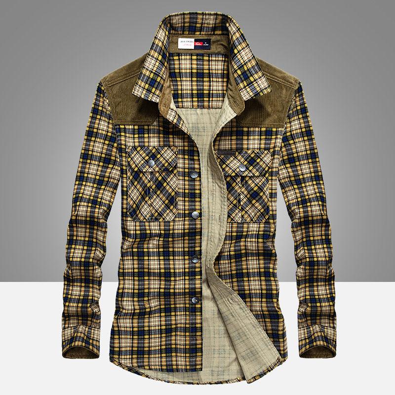 Men's plaid button-up military shirt front view with dark button placket