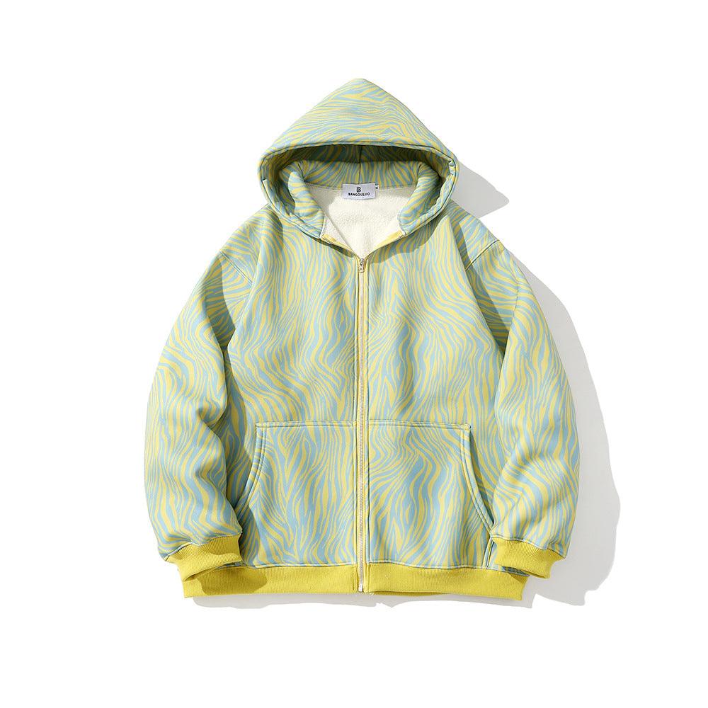 Green patterned hooded zip sweatshirt with ribbed cuffs and hem