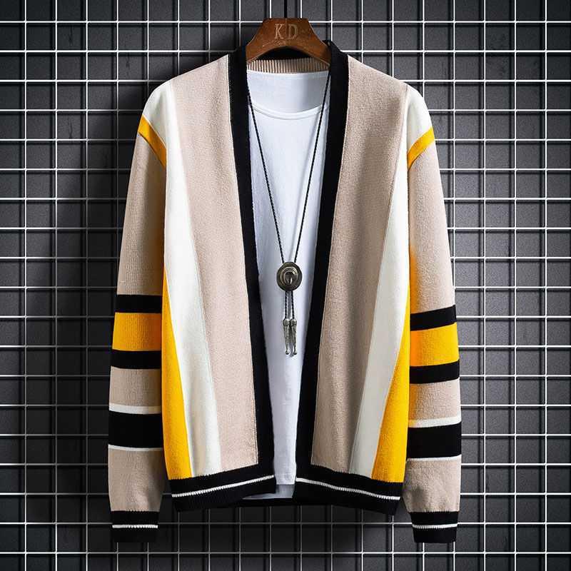 Men's sweater jacket, cream base with black and yellow stripe sleeves and ribbed hem