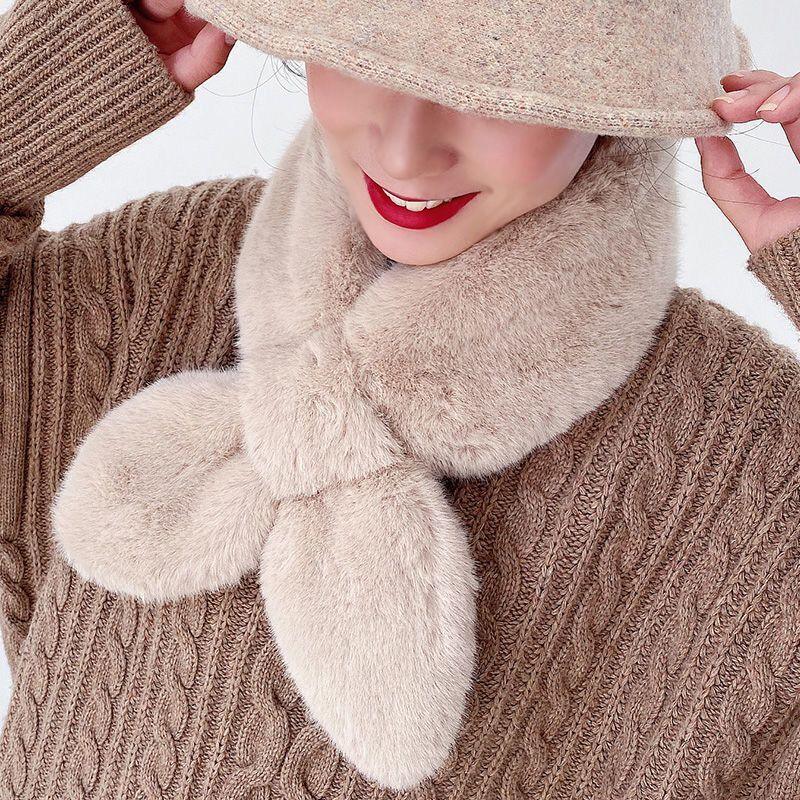 Cream plush fur rabbit-style scarf collar with rounded looped tail ends