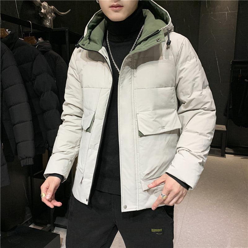 Men's hooded short workwear jacket in off-white, zip-front with flap pockets