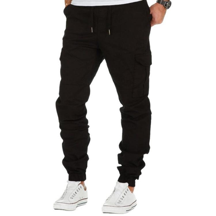 Men's black cargo jogger pants with drawstring waist, side pocket, elastic cuffs.