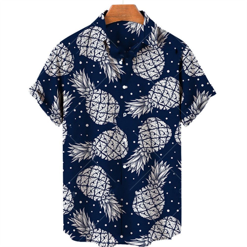 Mens navy pineapple print short-sleeve Hawaiian shirt with white fruit pattern