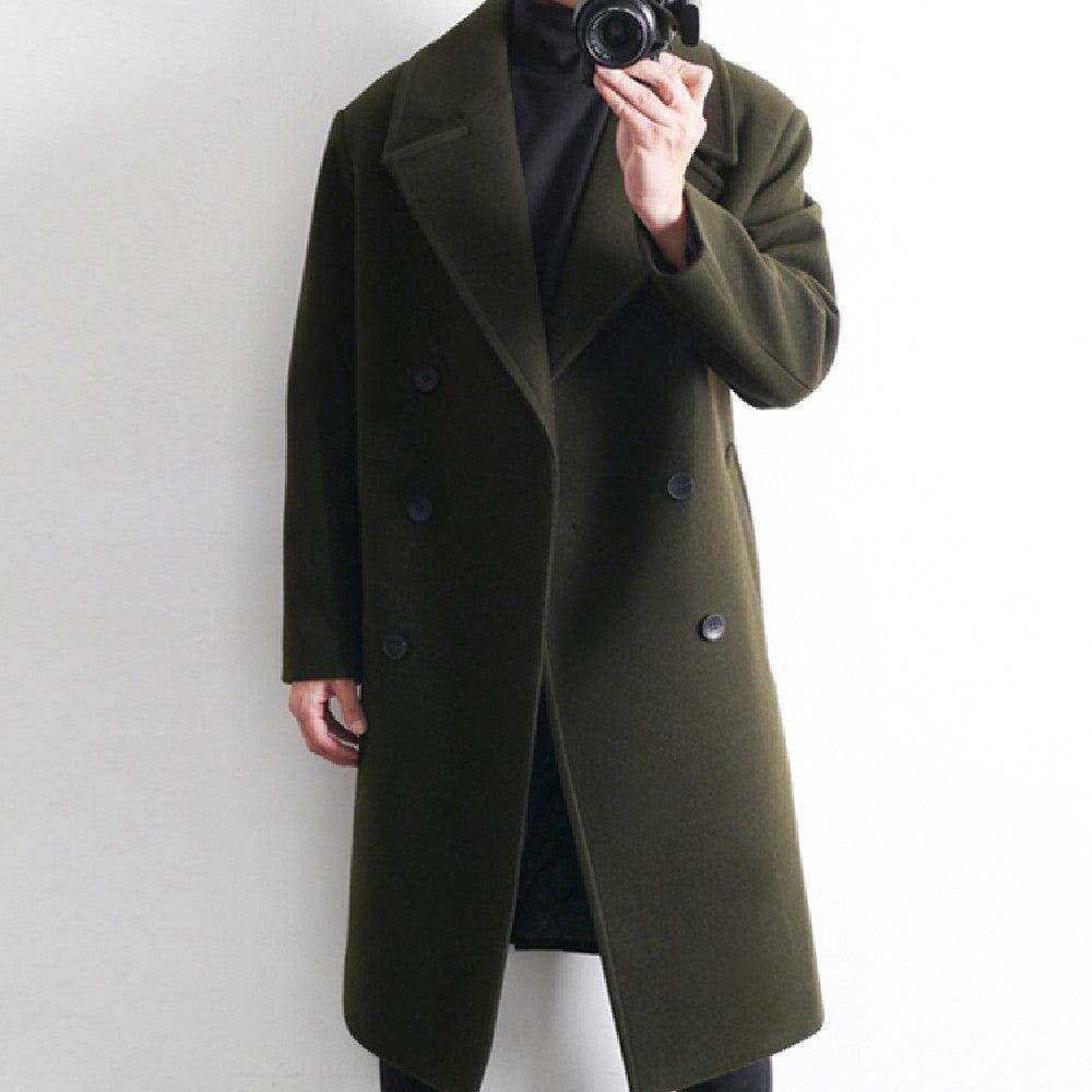 Men's mid-length wool trench coat in dark olive, double-breasted front, notched lapels