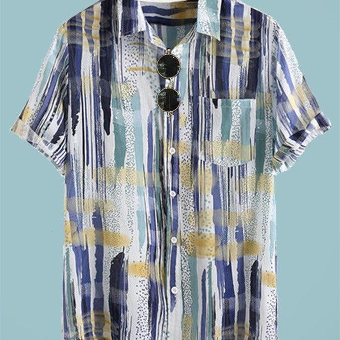 Men's Hawaiian shirt with blue/white/yellow abstract print, chest pocket, button front