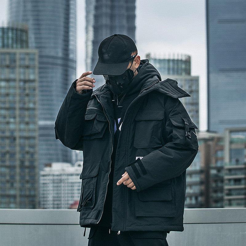Men's dark hooded winter cotton jacket with flap pockets and front zipper