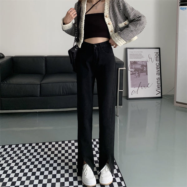 Split Black Jeans Straight Leg - WOMONA.COM