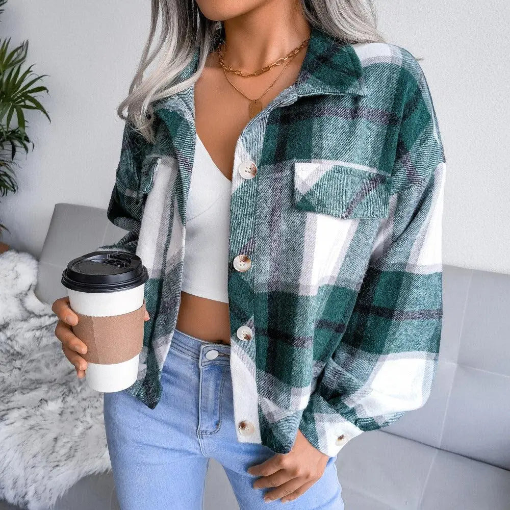 Plaid coat jacket in dark green and white, button-front shirt with chest pocket and collar.