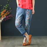 Embroidery Plus Size Loose Light Blue Jeans - WOMONA.COM