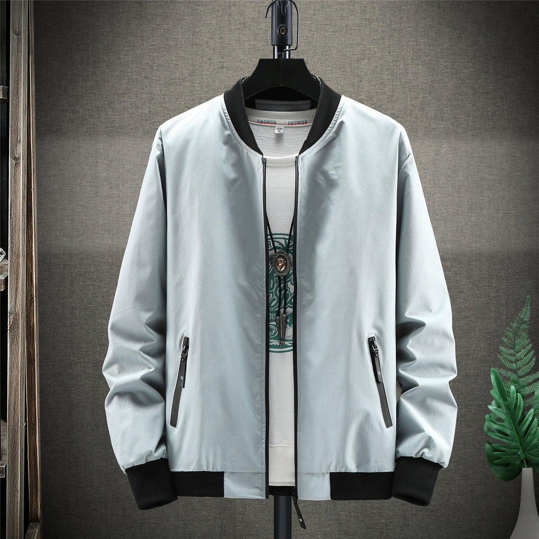 Men's light grey zip-up casual jacket with stand collar and side zip pockets