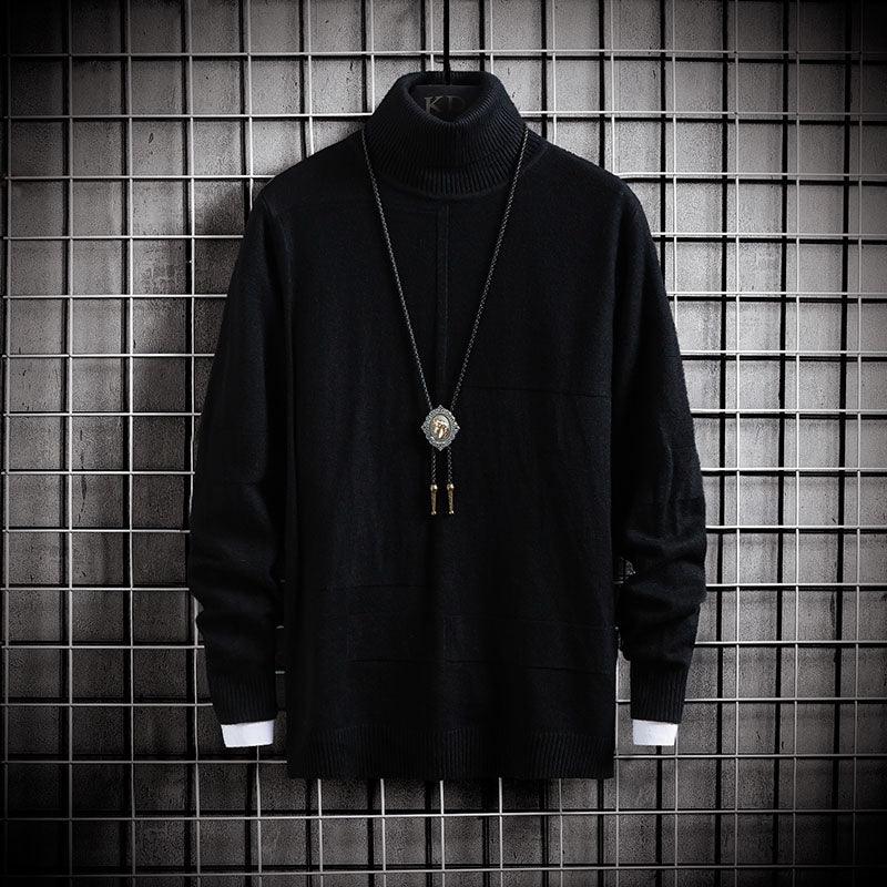 Black high-neck knitted pullover sweater with ribbed collar and long sleeves.