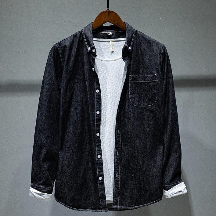 Black denim shirt jacket with long sleeves, button front, and chest pocket