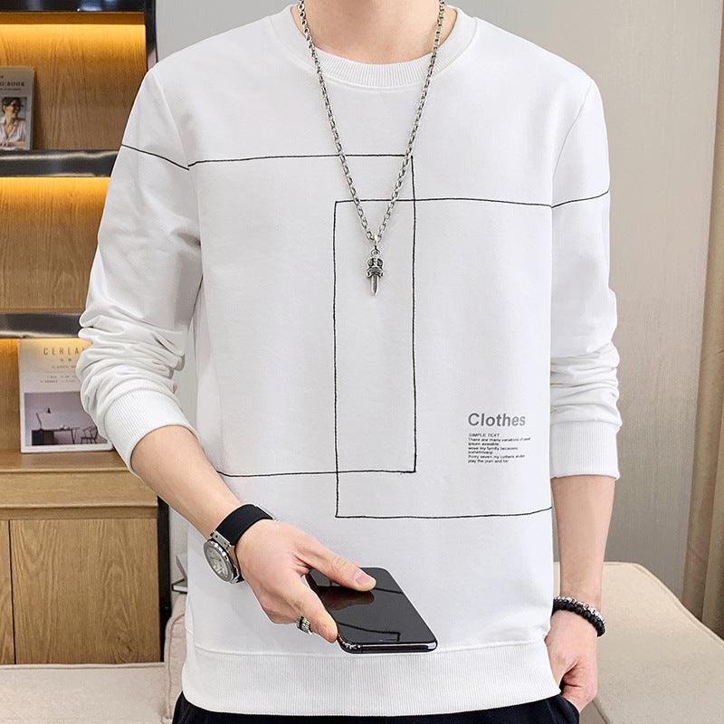 White crewneck cotton sweater with grid graphic and long-sleeve necklace print
