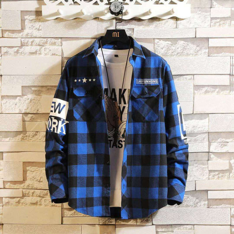 Men Casual Plaid Shirt Slim Fit - WOMONA.COM